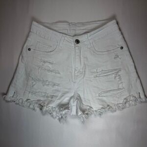White Distressed Denim Shorts Frayed Hem High Rise Cut Off Casual Summer Size S